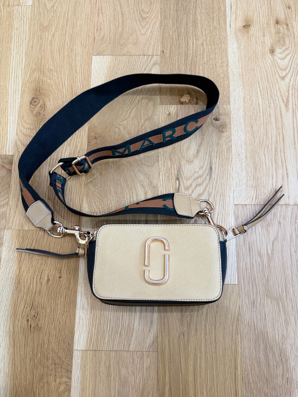 Marc Jacobs Tan and Black Crossbody Camera Bag with Branded Strap